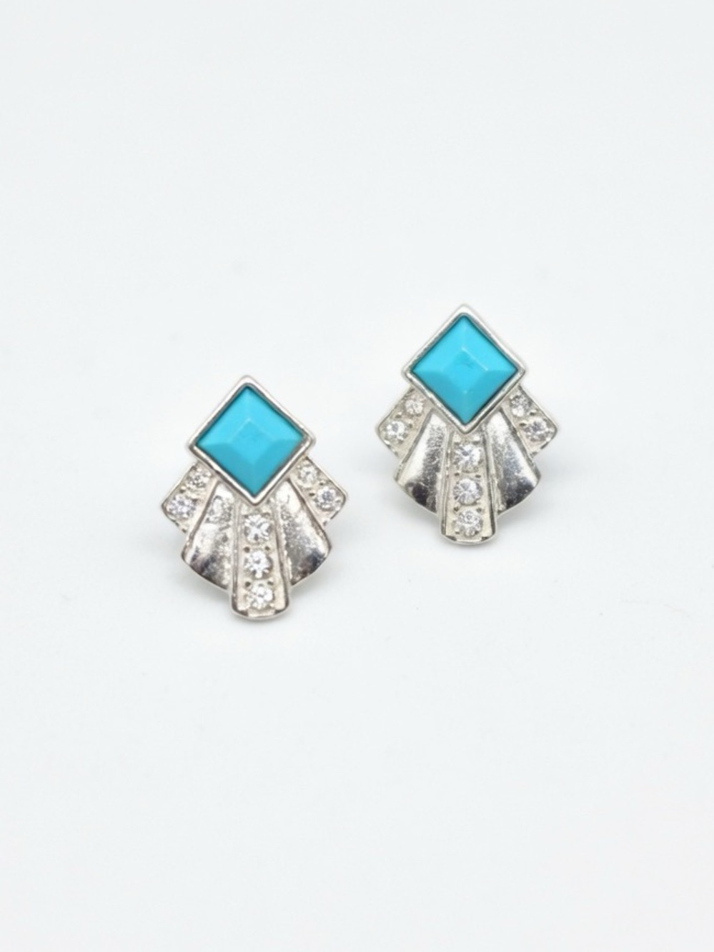 Silver and Turquoise Deco-Style Stud Earrings — Renewed